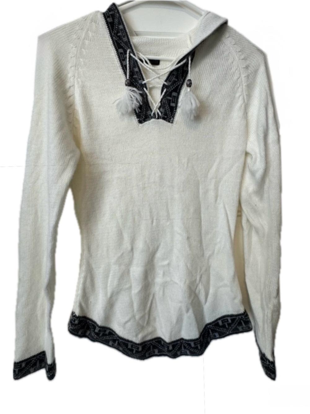 100% Alpaca Hooded Sweater XS Ivory Gray Lace Up Boho Peruvian Knit
